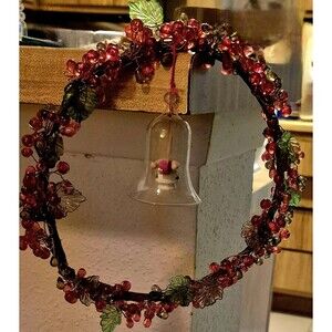 Red And Green Cluster Beads Wire Wreath With Hanging Bell 12 Inches